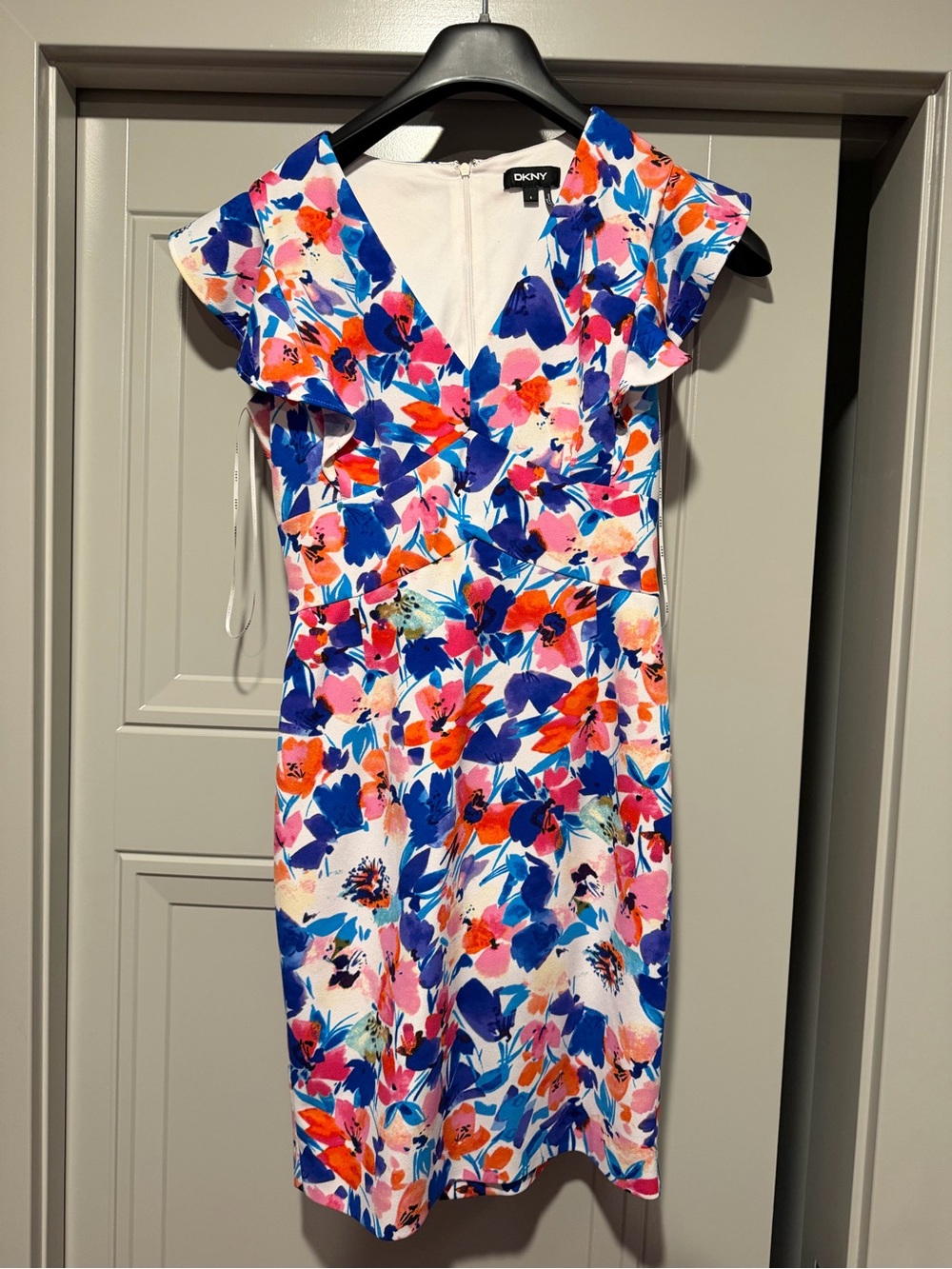 DKNY White Floral Midi Dress with Blue, Pink and Orange Bloom